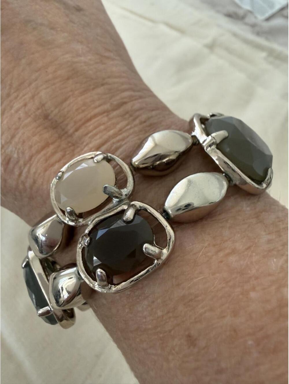Chunky Faceted Stone Stretch Bracelet Silver Tone Neutral Statement Jewelry